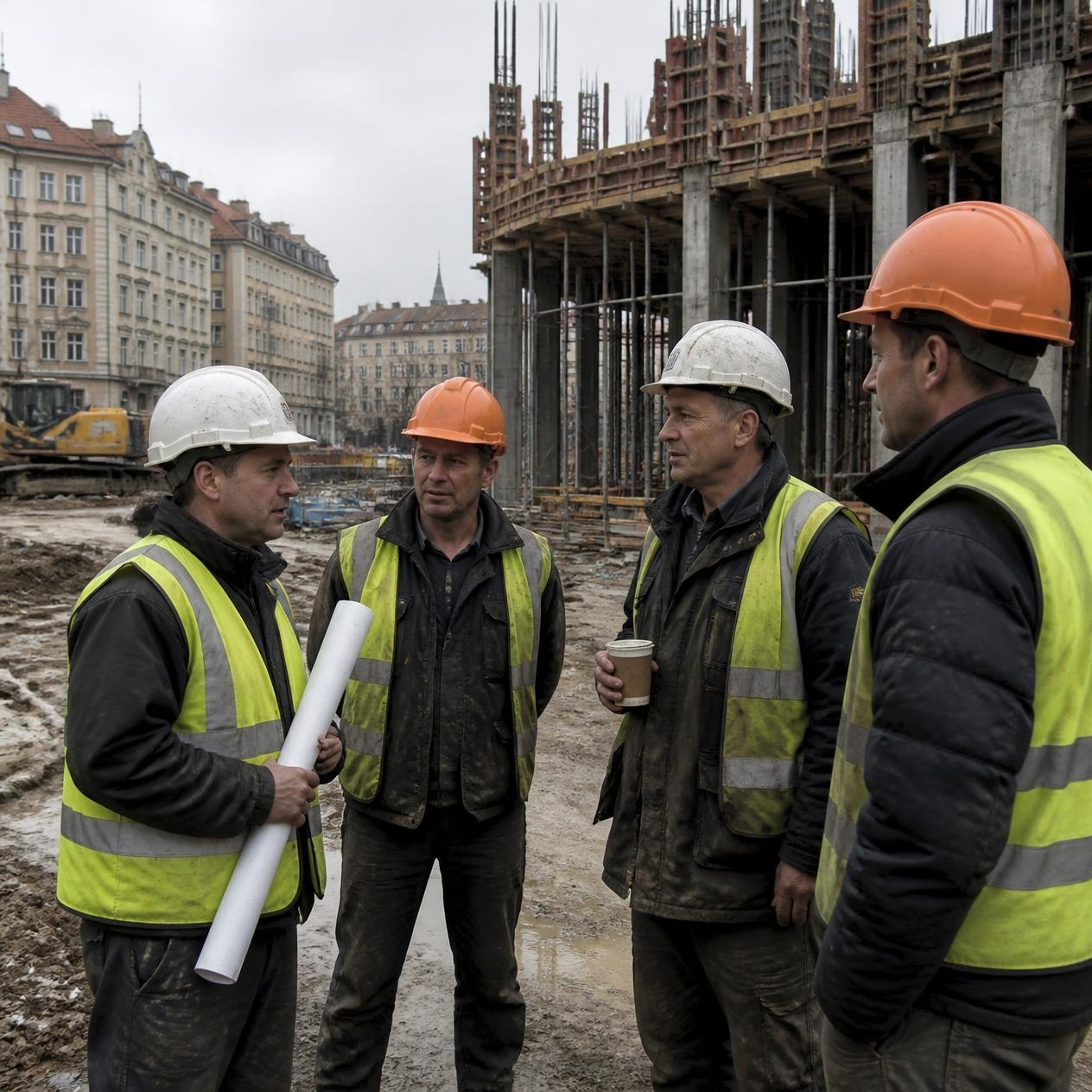 Parta stavbyvedoucích na stavbě v Praze